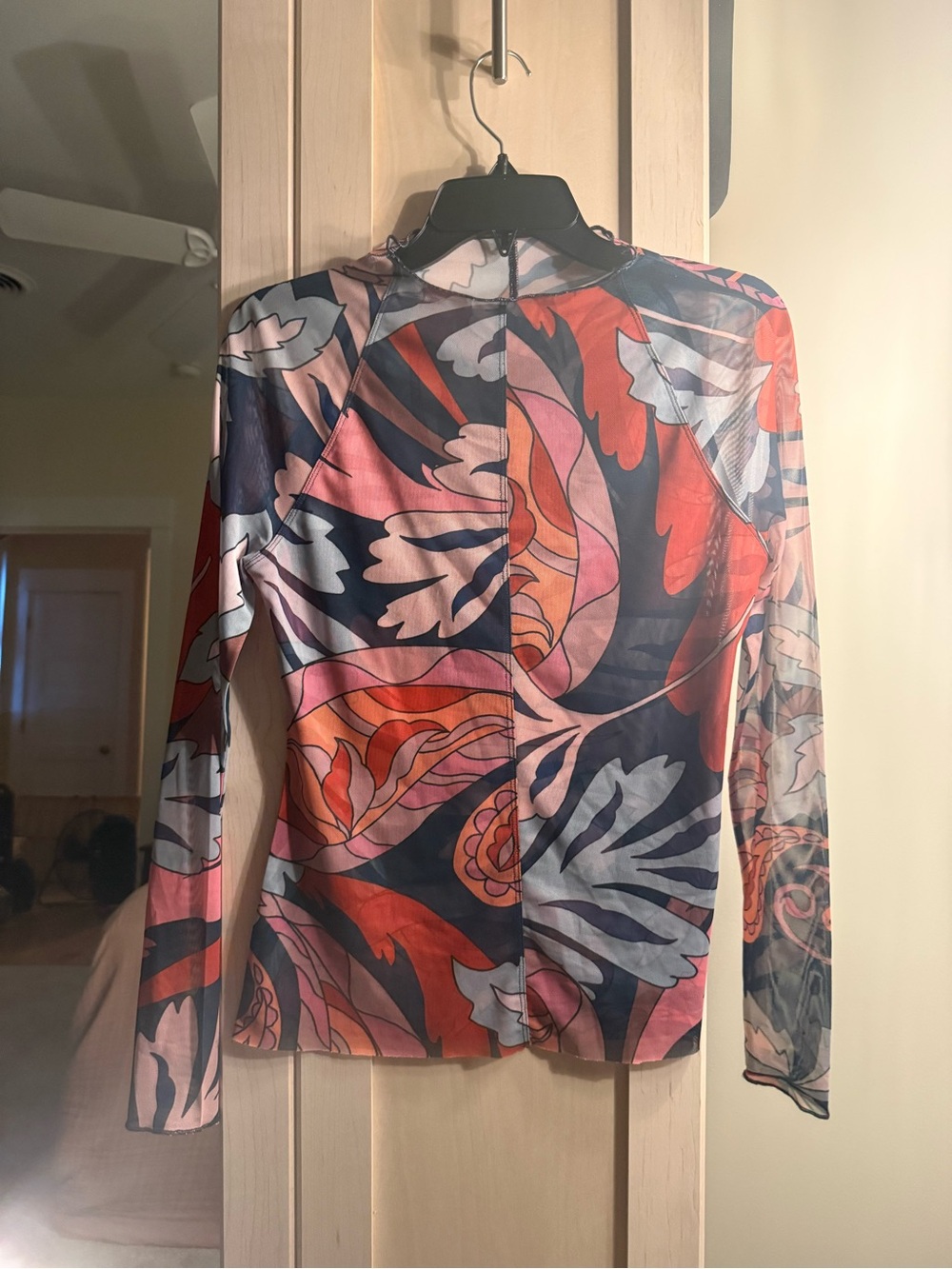 Jade Long-Sleeve Sheer Floral Print Top - Pink, Red & Navy